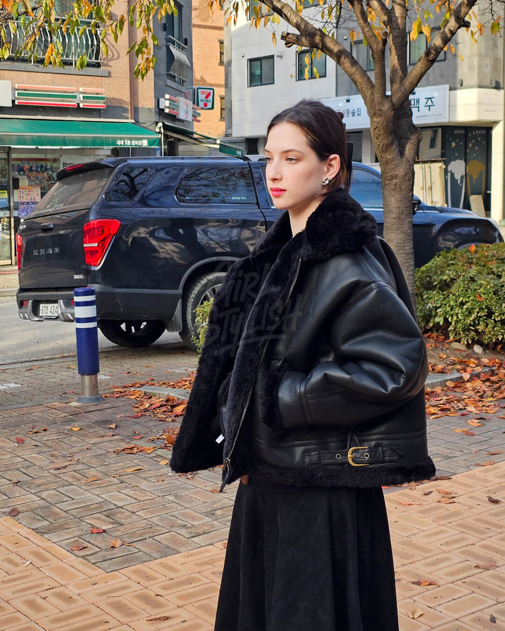 Black Oversized Shearling Leather Jacket