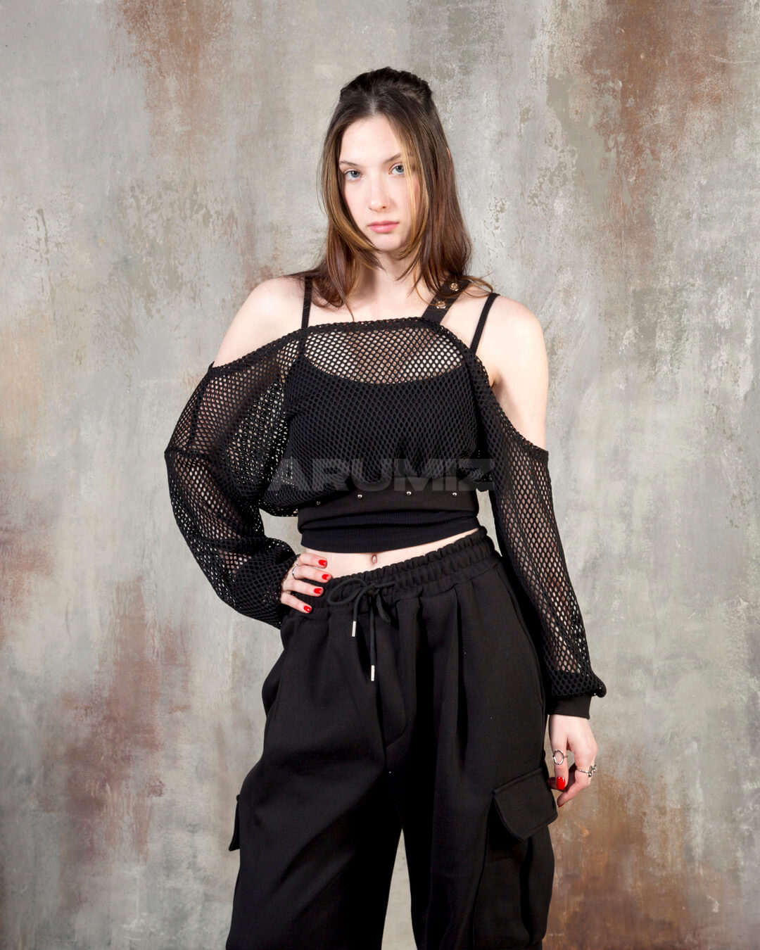 Eyelet Strap Mesh Sheer Off-Shoulder Cropped Top