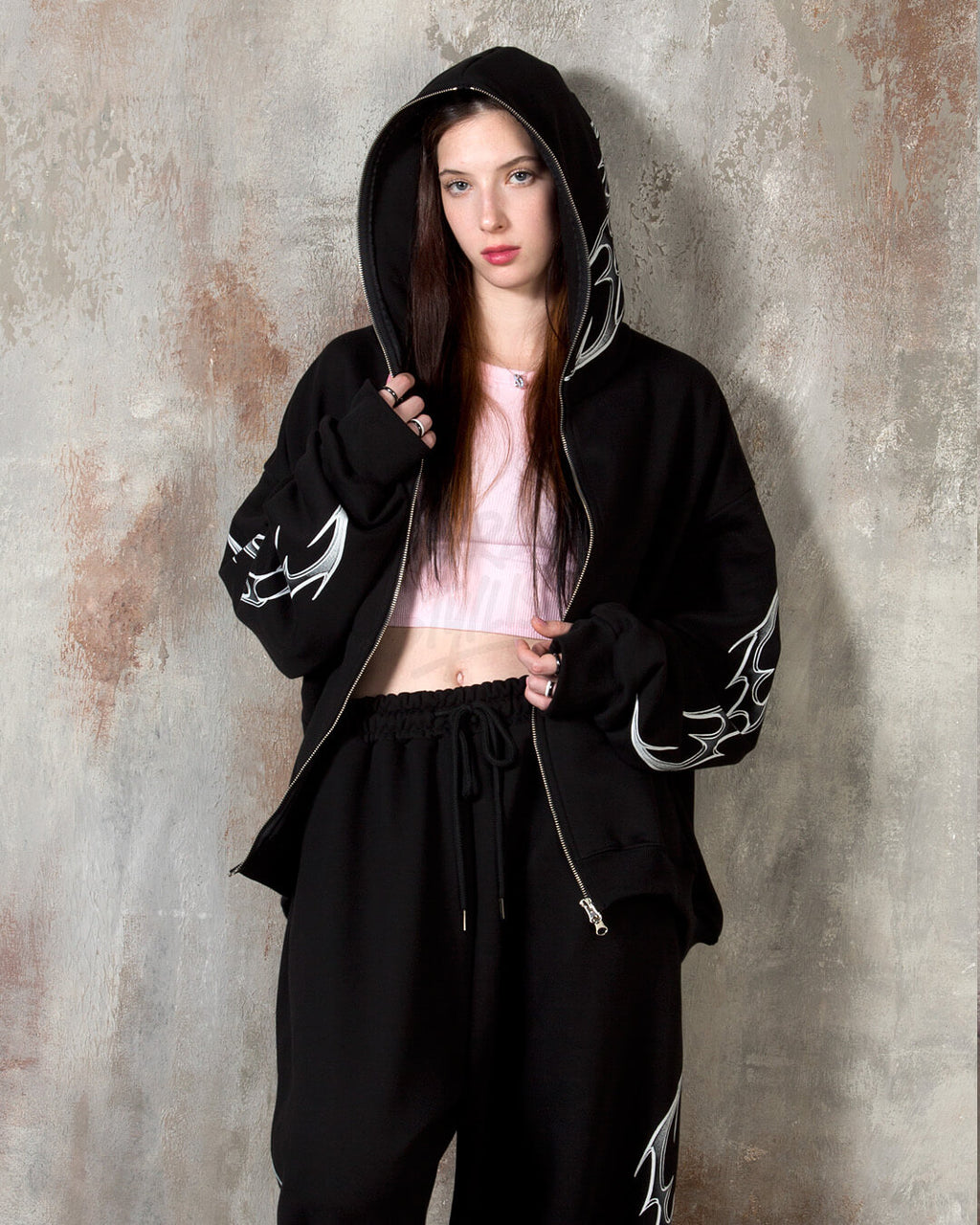 Tribal Print Oversized Black Zip-up Hoodie