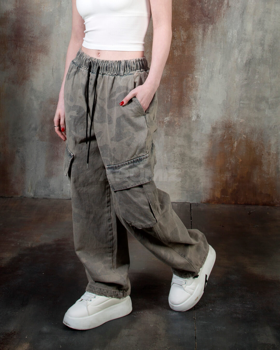 Vintage Camo Washed Wide-Leg Denim Cargo Pants