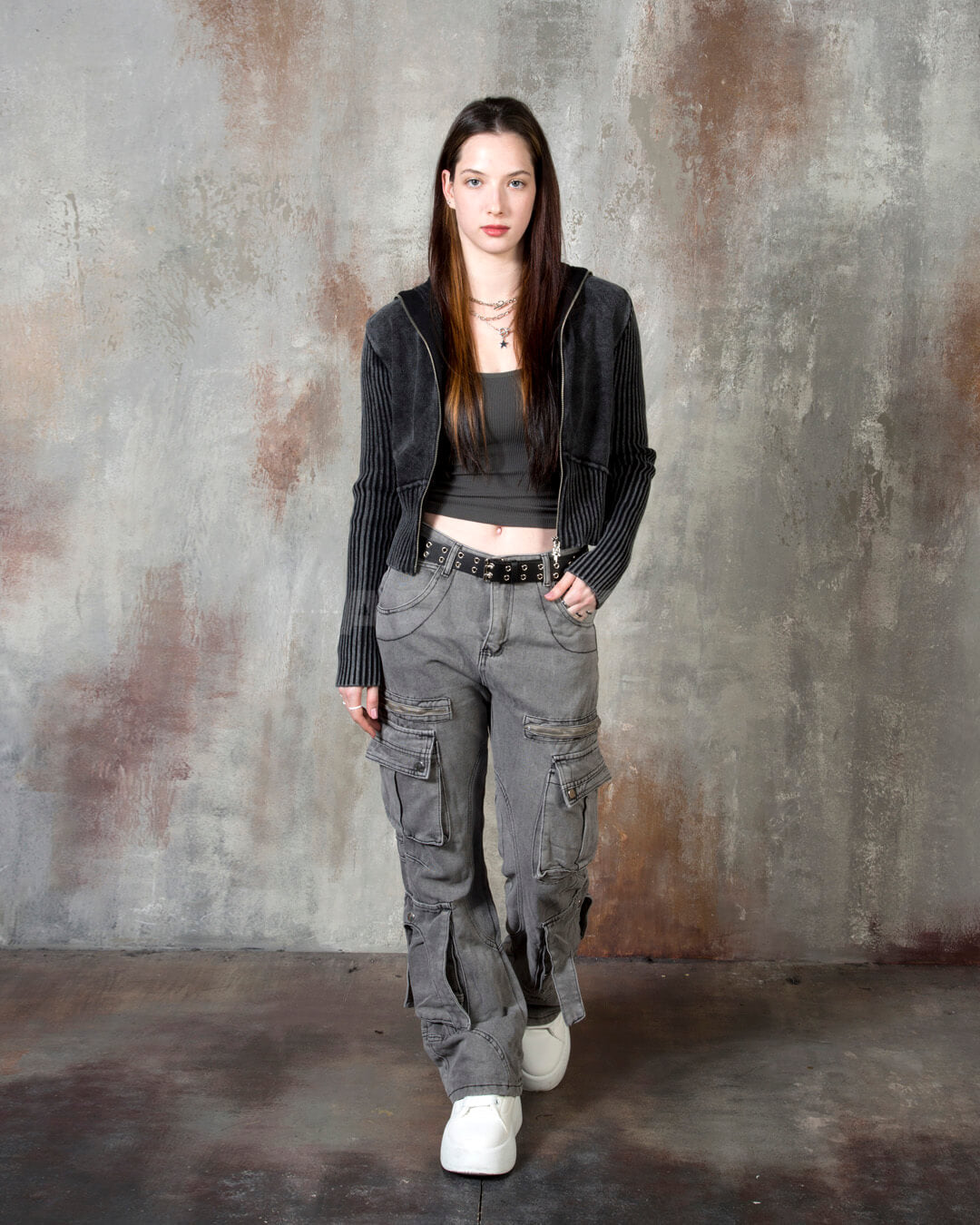 Vintage Washed Zipper Cargo Bootcut Pants
