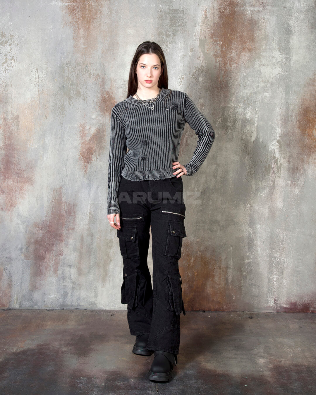 Distressed Ribbed Cropped Knit Sweater