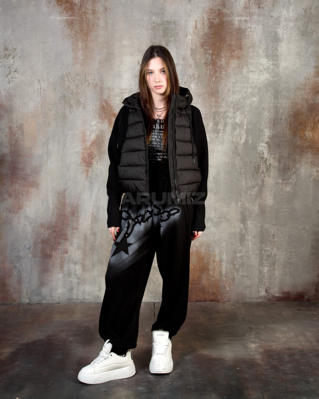 Hooded Knit Sleeve Padded Hybrid Jacket