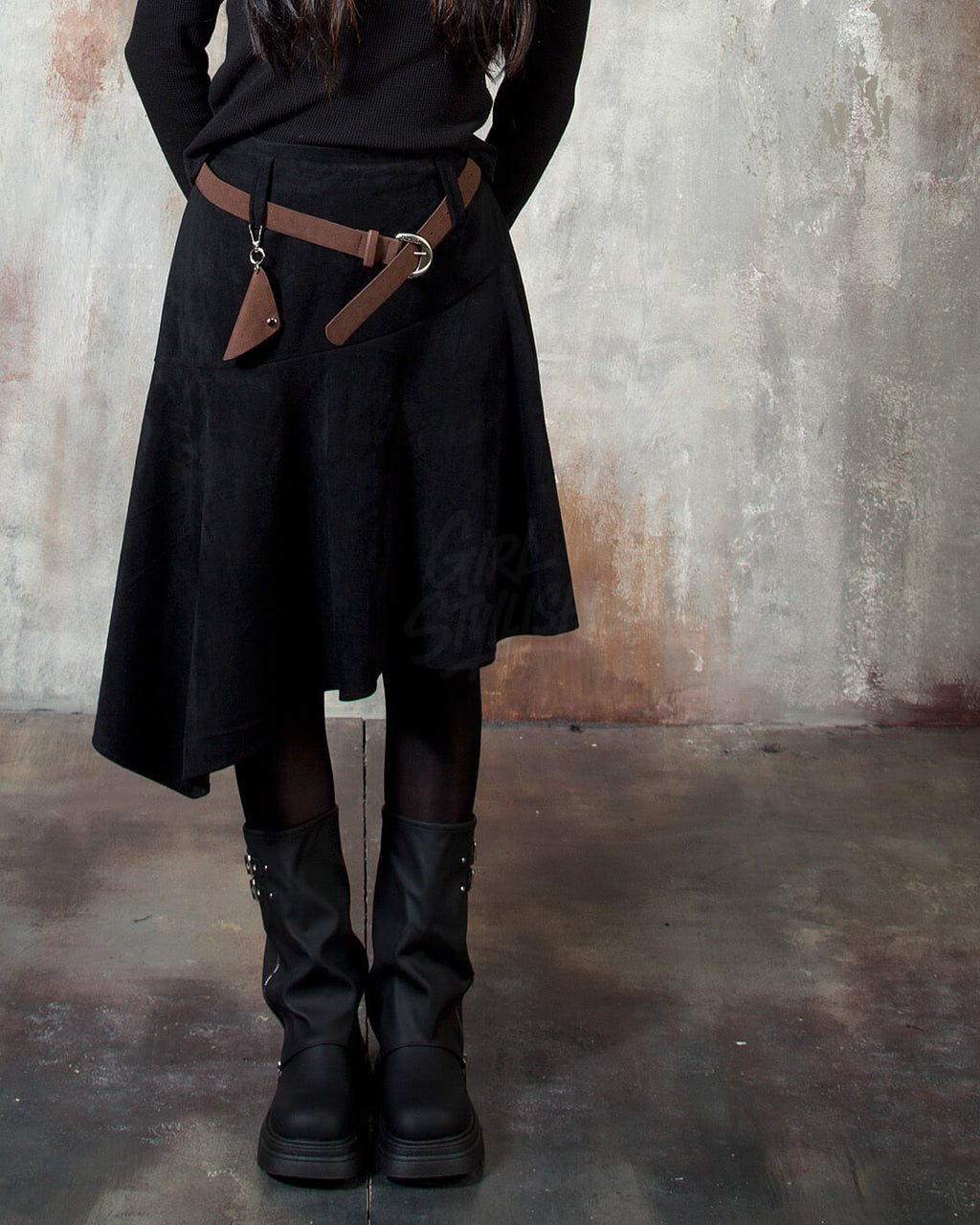 Asymmetric Suede Flared Belt Skirt