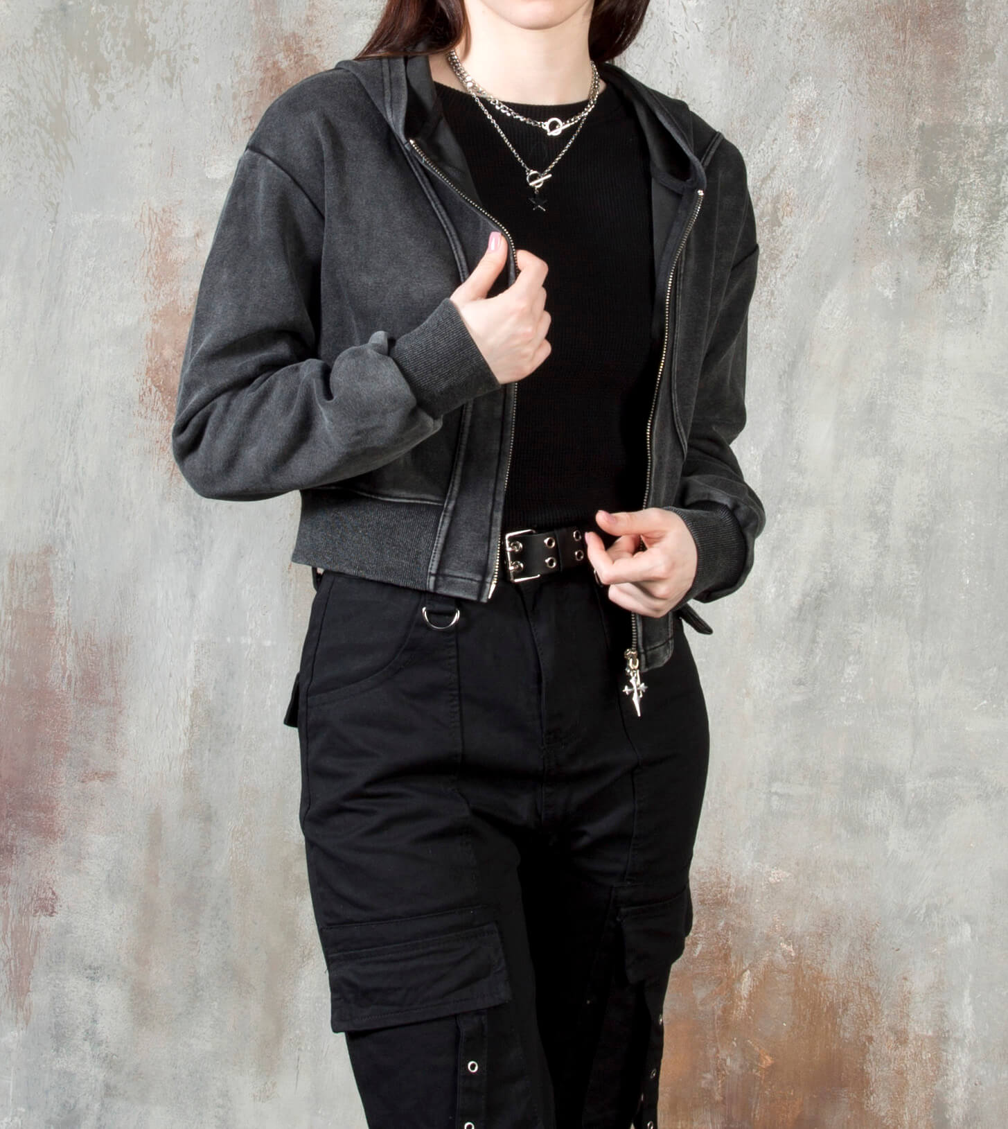 Vintage Washed Asymmetric Panel Crop Zip-Up Hoodie