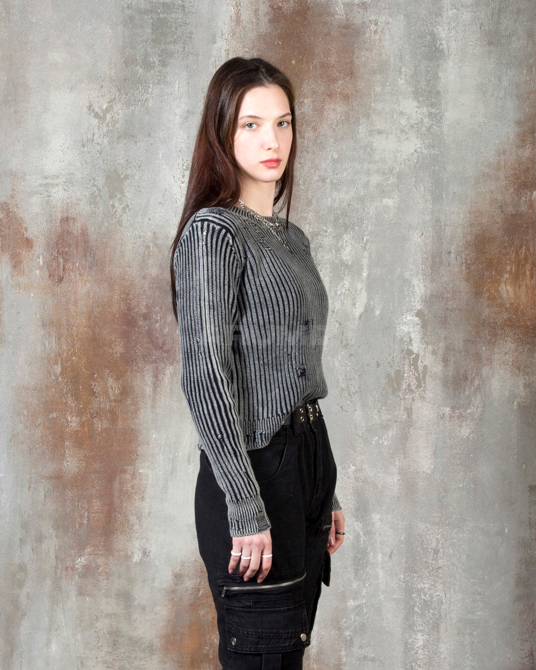 Distressed Ribbed Cropped Knit Sweater