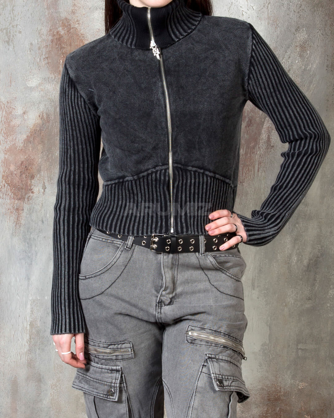 Vintage Washed Rib Knit High-Neck Cropped Zip-Up Jacket