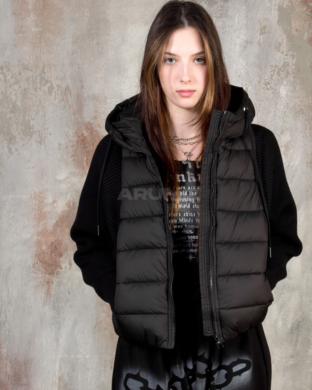 Hooded Knit Sleeve Padded Hybrid Jacket
