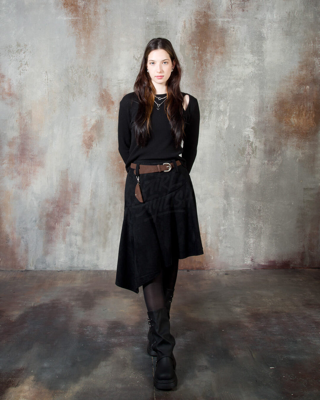 Asymmetric Suede Flared Belt Skirt