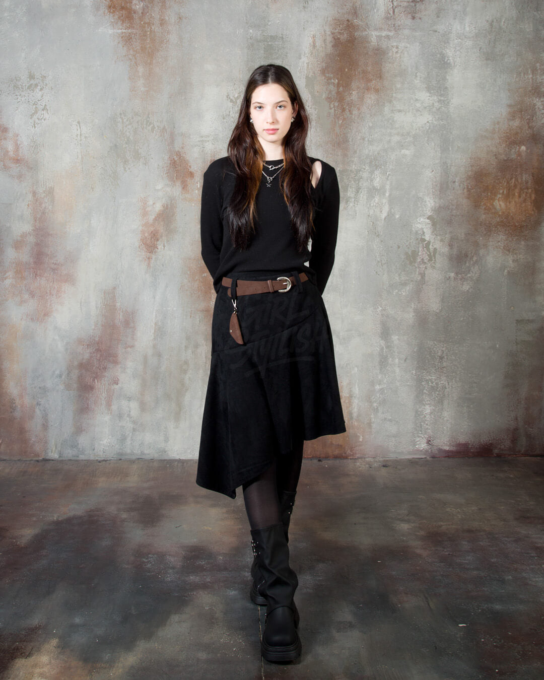 Asymmetric Suede Flared Belt Skirt