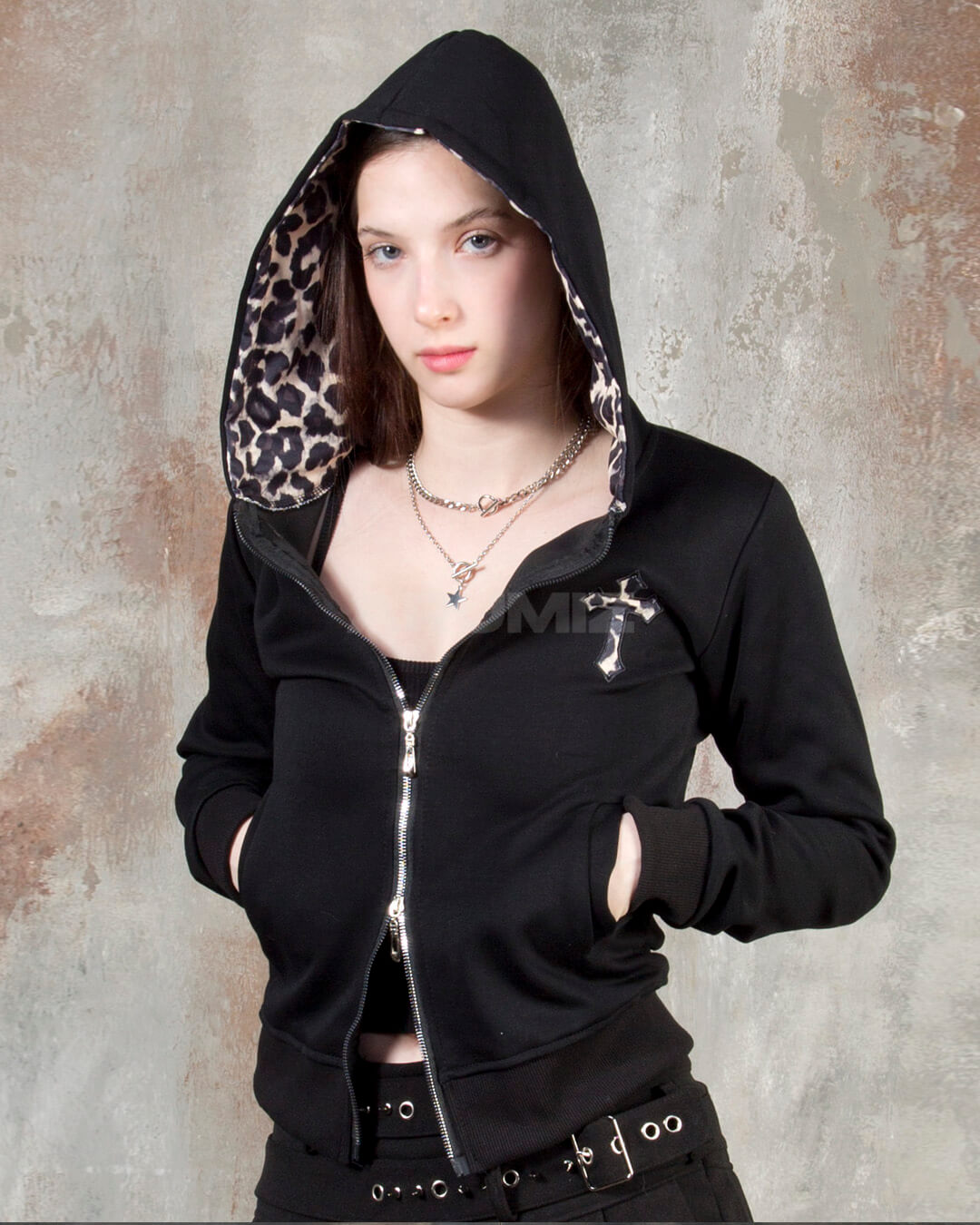 Leopard Lined Cross Patch Slim Zip-Up Hoodie