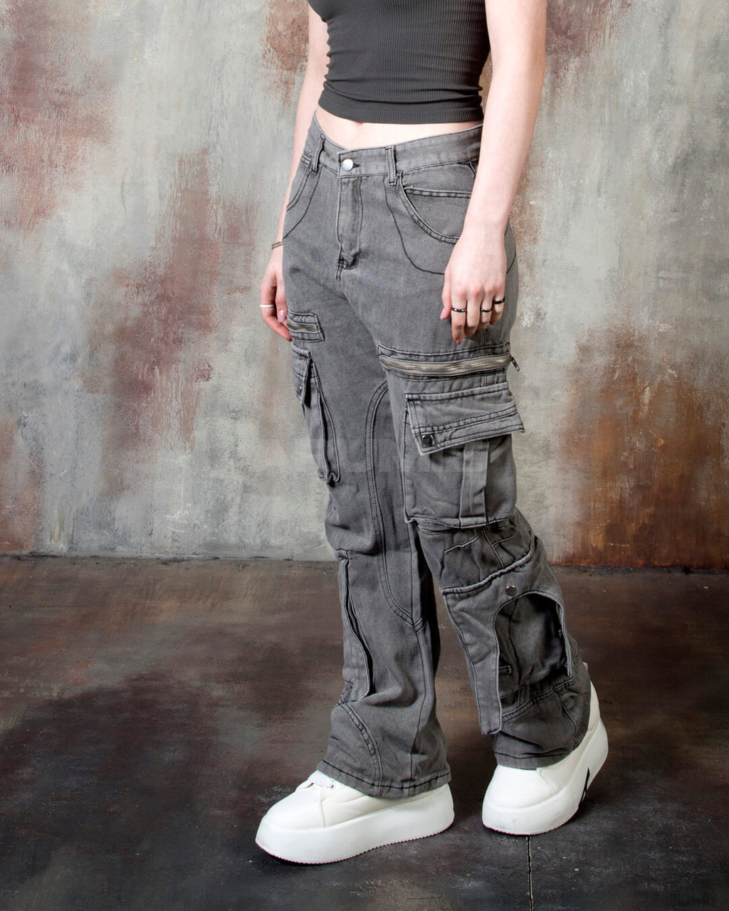 Vintage Washed Zipper Cargo Bootcut Pants