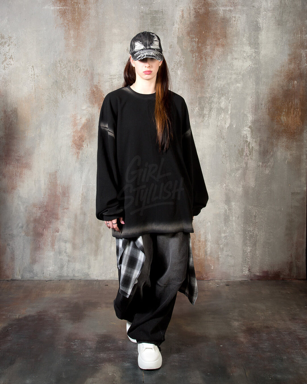 Gradient Line Waffle Black Long Sleeve T-shirt