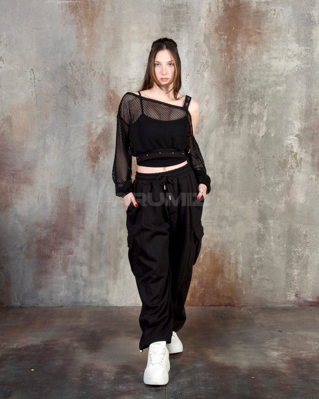 Eyelet Strap Mesh Sheer Off-Shoulder Cropped Top