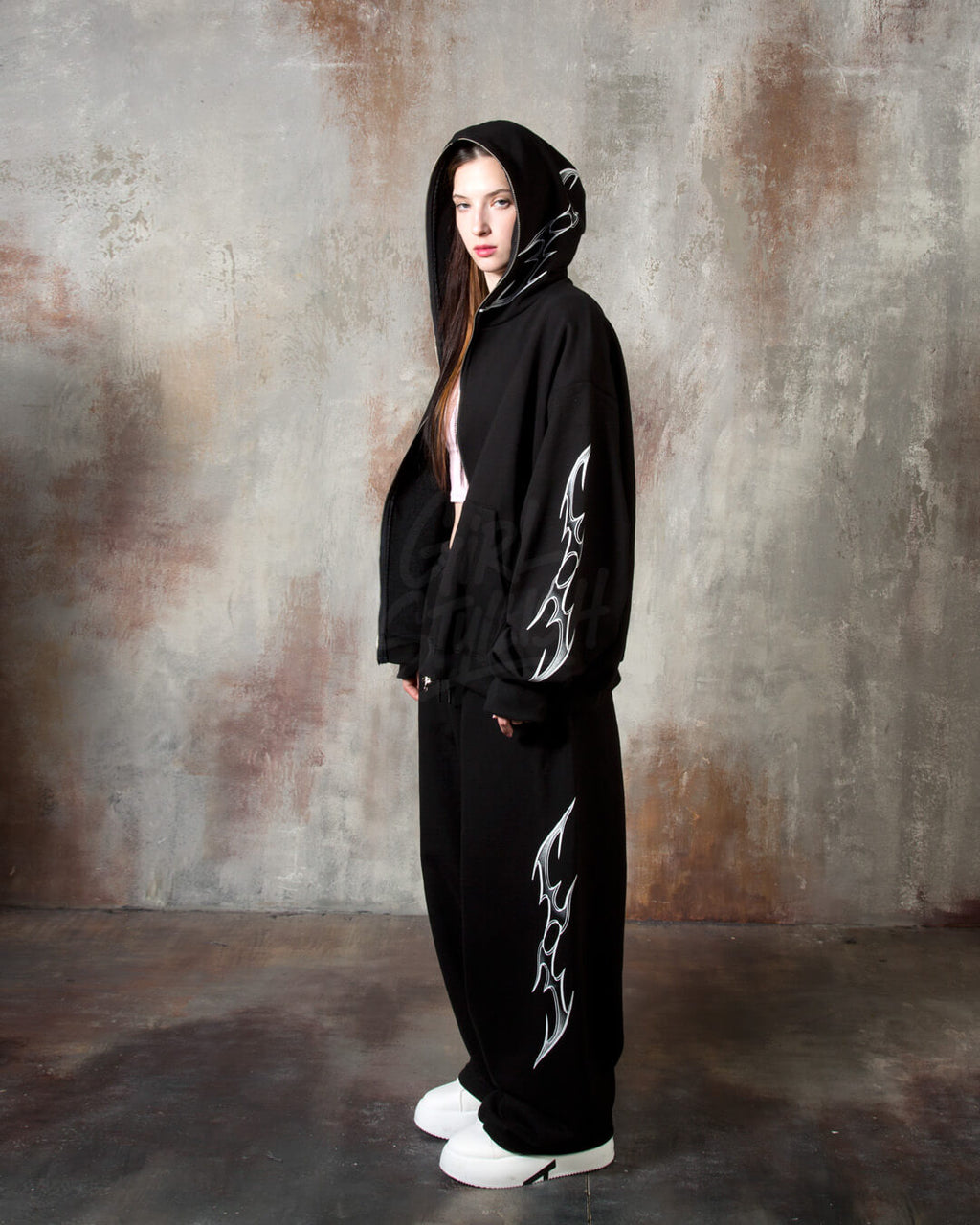 Tribal Print Oversized Black Zip-up Hoodie