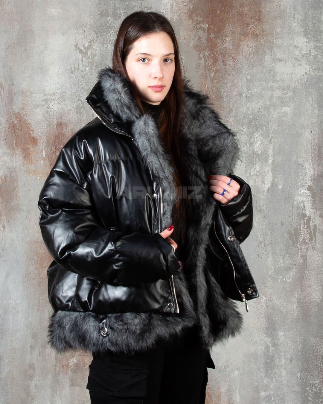 Fur-Trim Glossy Oversized Black Leather Puffer Jacket