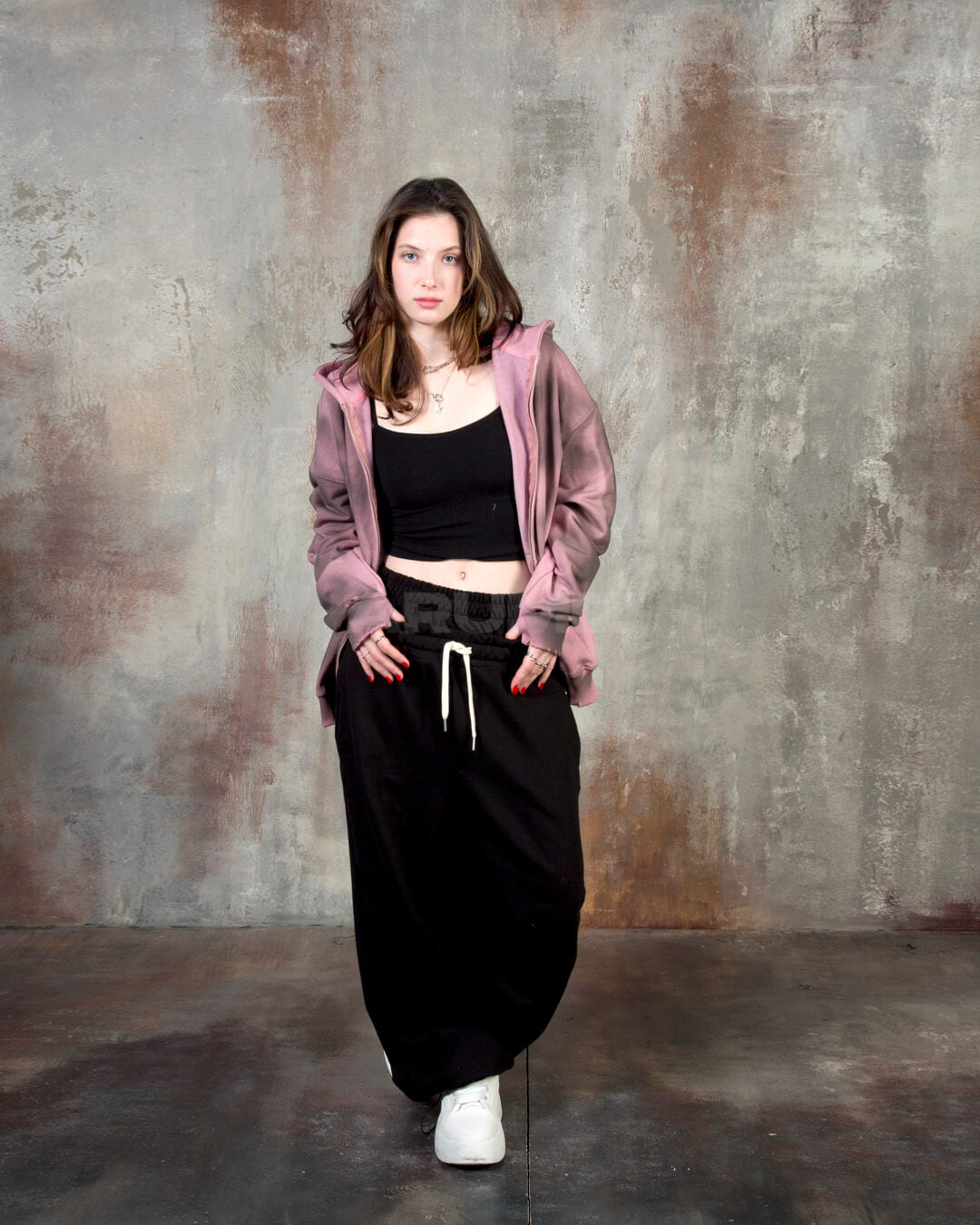 Contrast Drawstring Layered Sagging Wide-Leg Cotton Pants