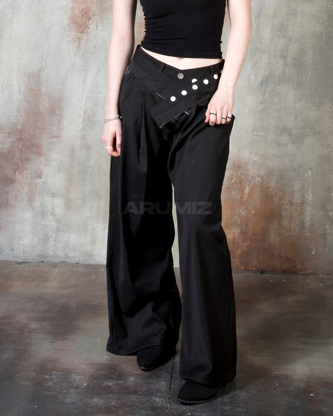 Stud Button Belt Pintuck Wide-Leg Slacks Pants