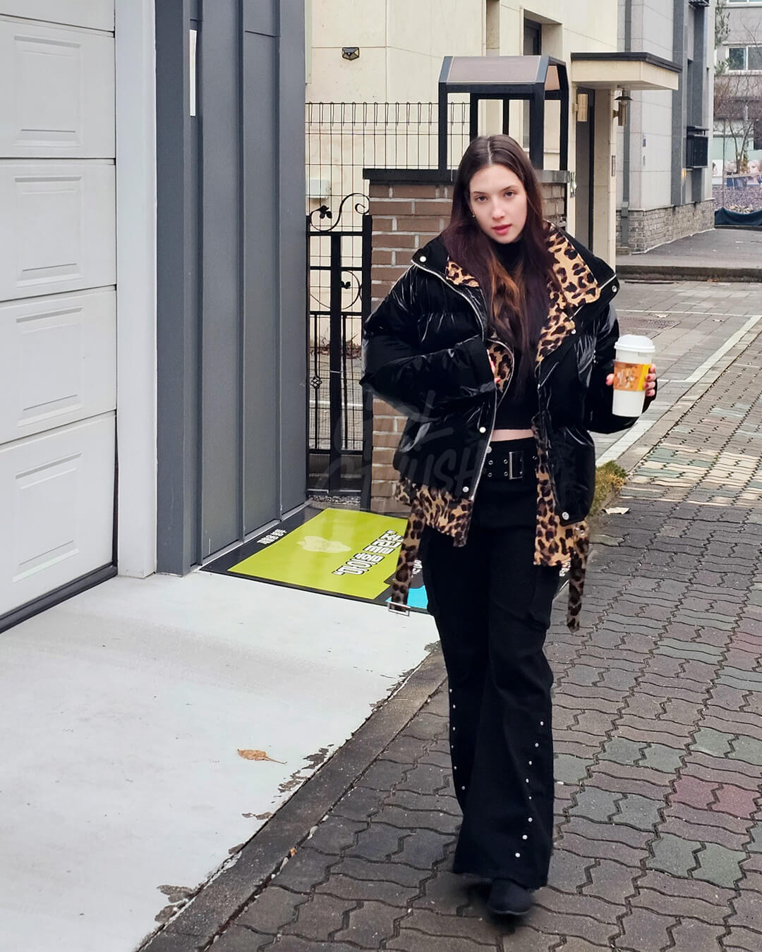 Black Enamel Leopard Layered Oversized Padded Jacket