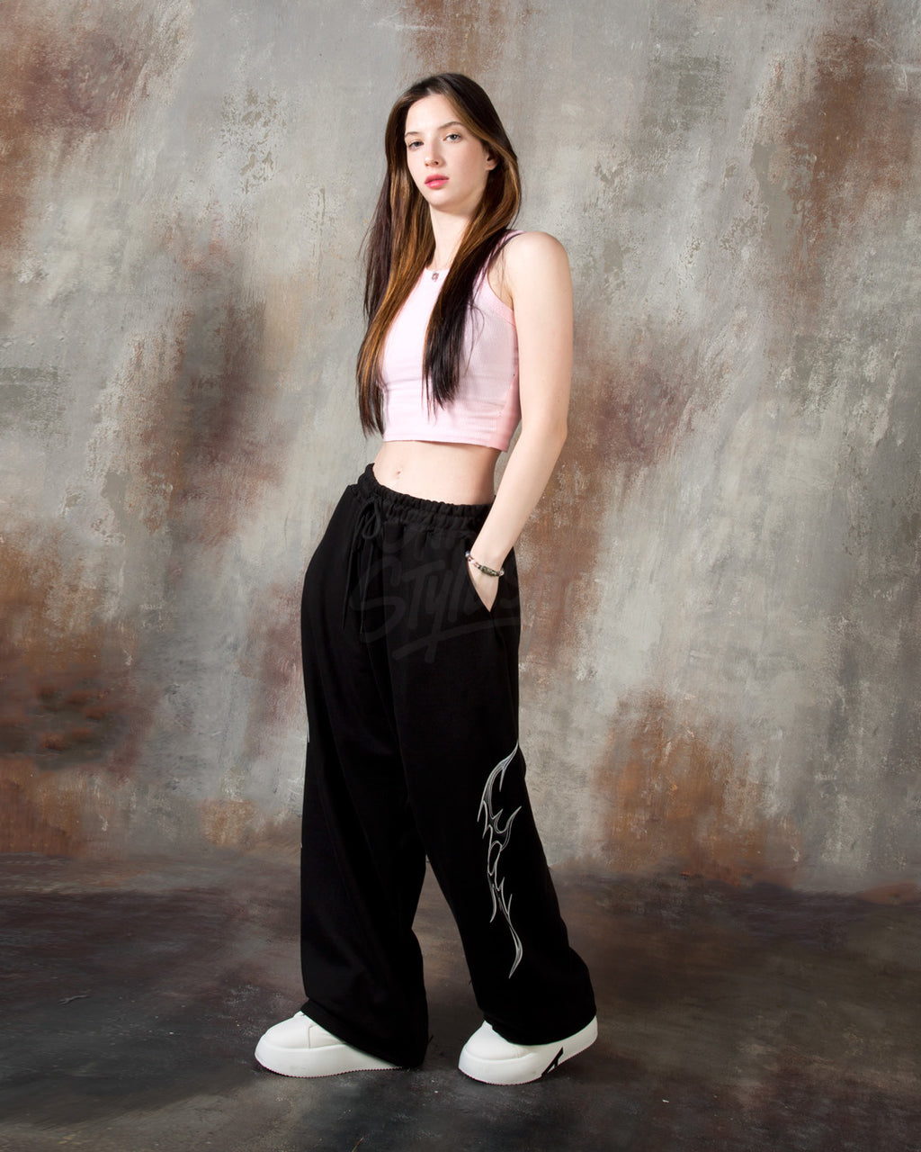Black Tribal Print Drawstring Wide-Leg Pants