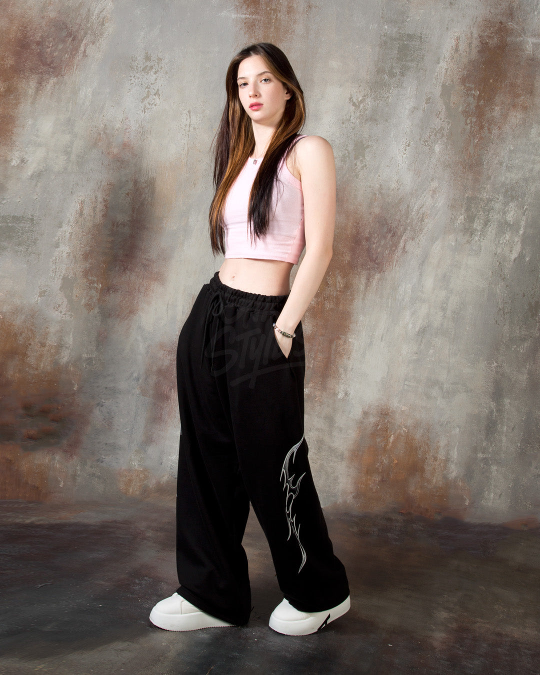 Black Tribal Print Drawstring Wide-Leg Pants