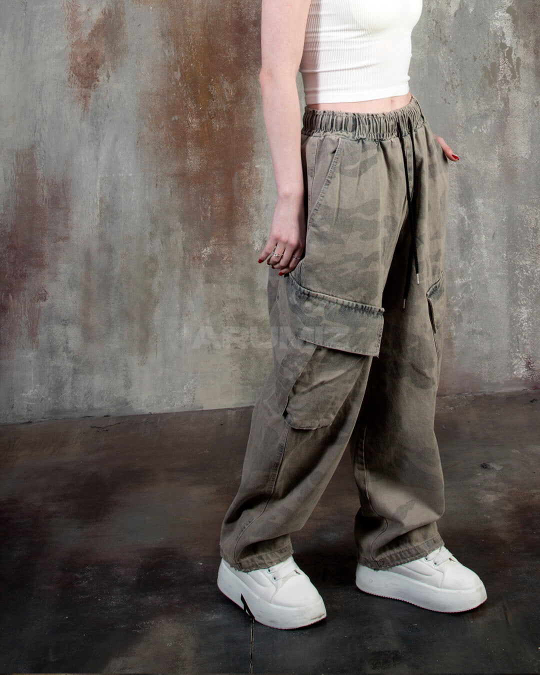 Vintage Camo Washed Wide-Leg Denim Cargo Pants