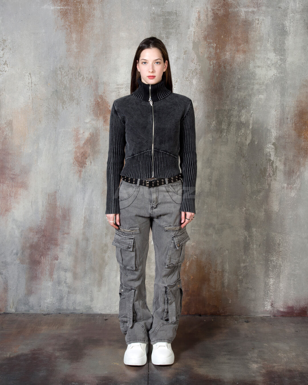 Vintage Washed Rib Knit High-Neck Cropped Zip-Up Jacket