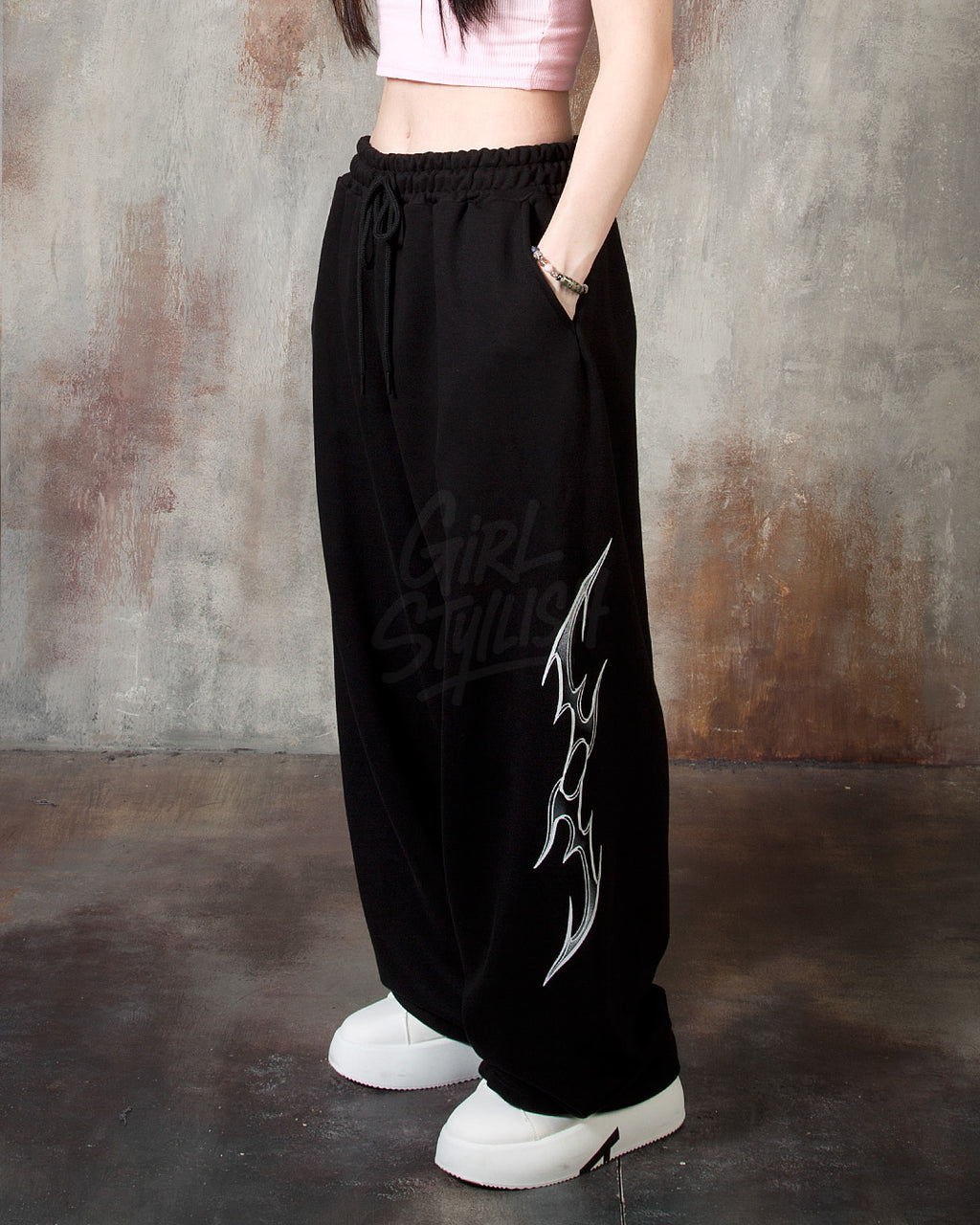 Black Tribal Print Drawstring Wide-Leg Pants