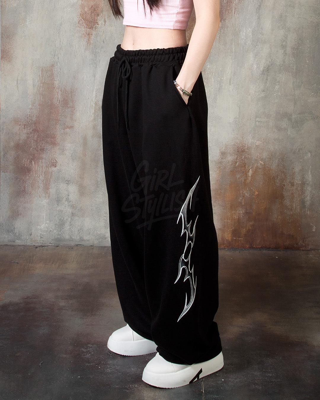 Black Tribal Print Drawstring Wide-Leg Pants