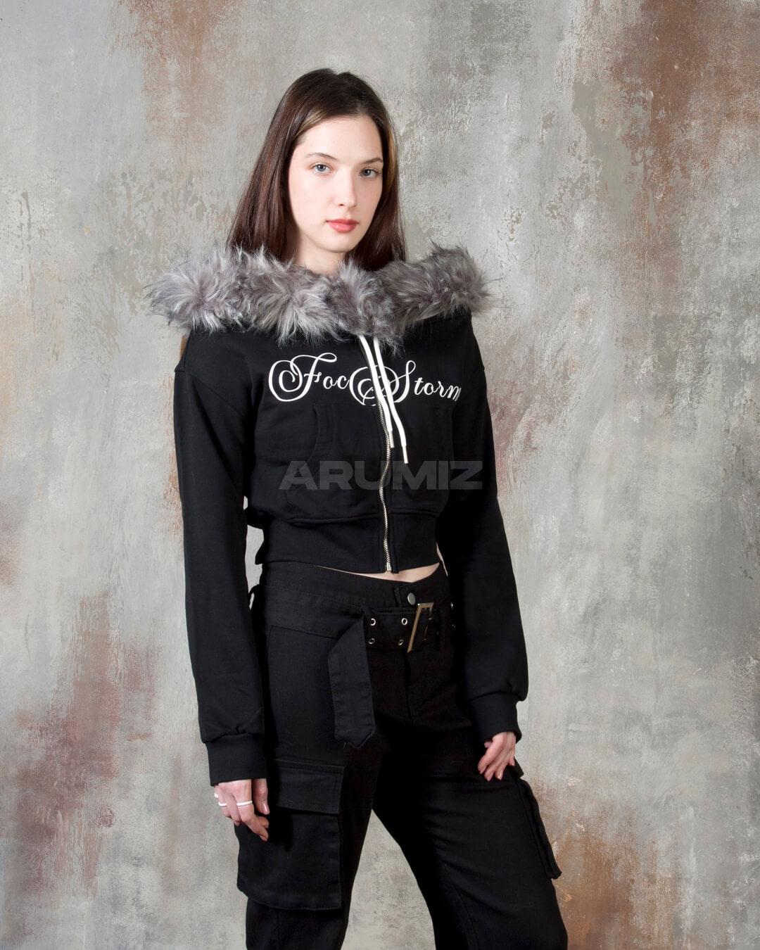Fur Trim Off-Shoulder Cropped Zip-Up Hoodie