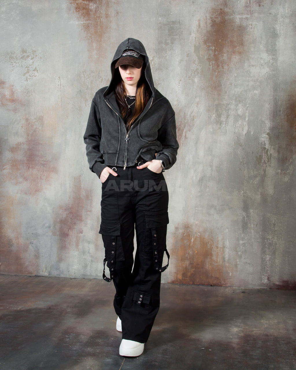 Vintage Washed Asymmetric Panel Crop Zip-Up Hoodie
