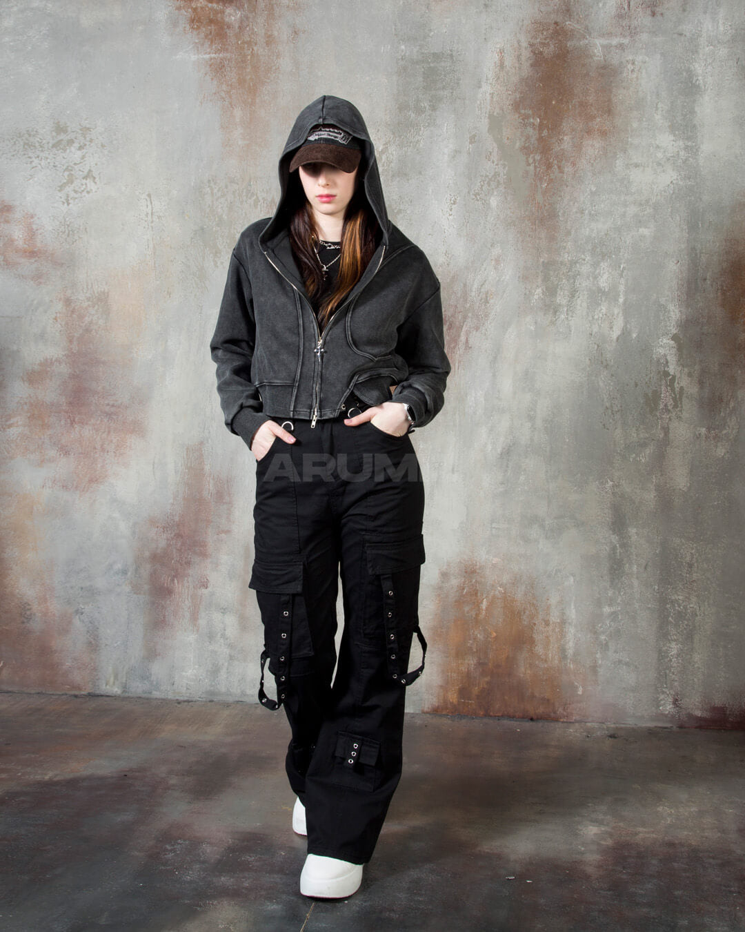 Vintage Washed Asymmetric Panel Crop Zip-Up Hoodie