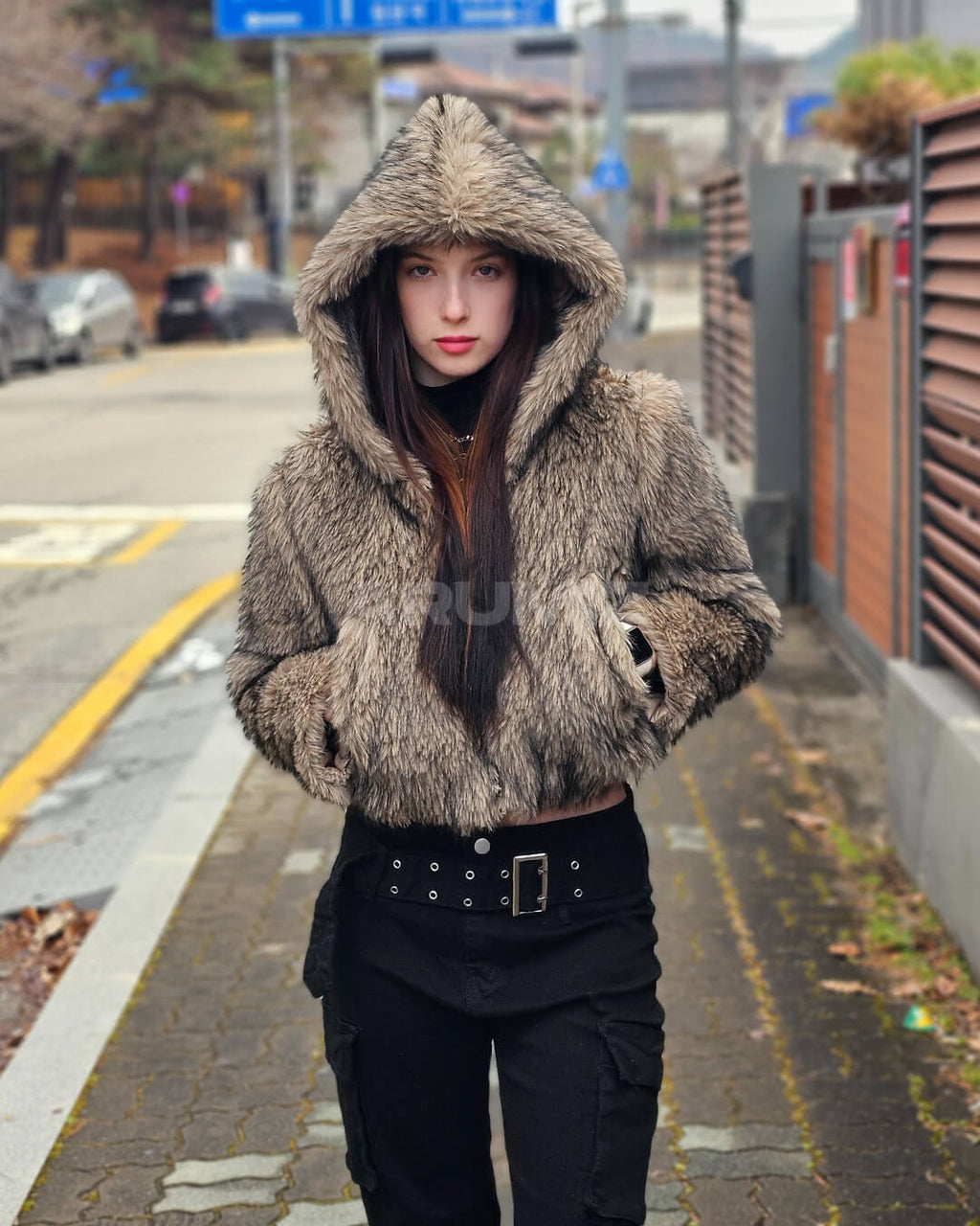 Wolf Faux Fur Hooded Cropped Jacket