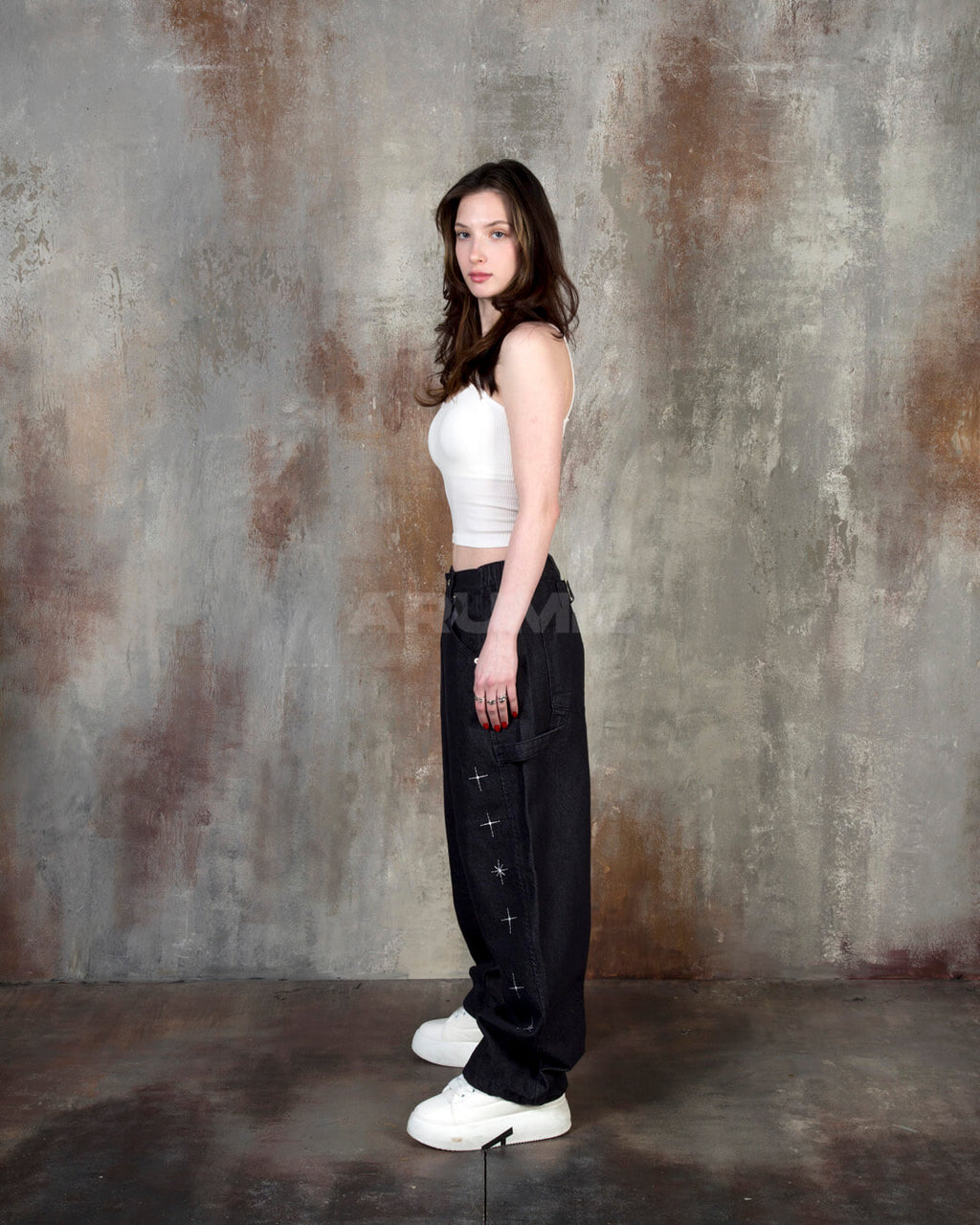 Star Embroidered Carpenter Wide-Leg Cotton Pants