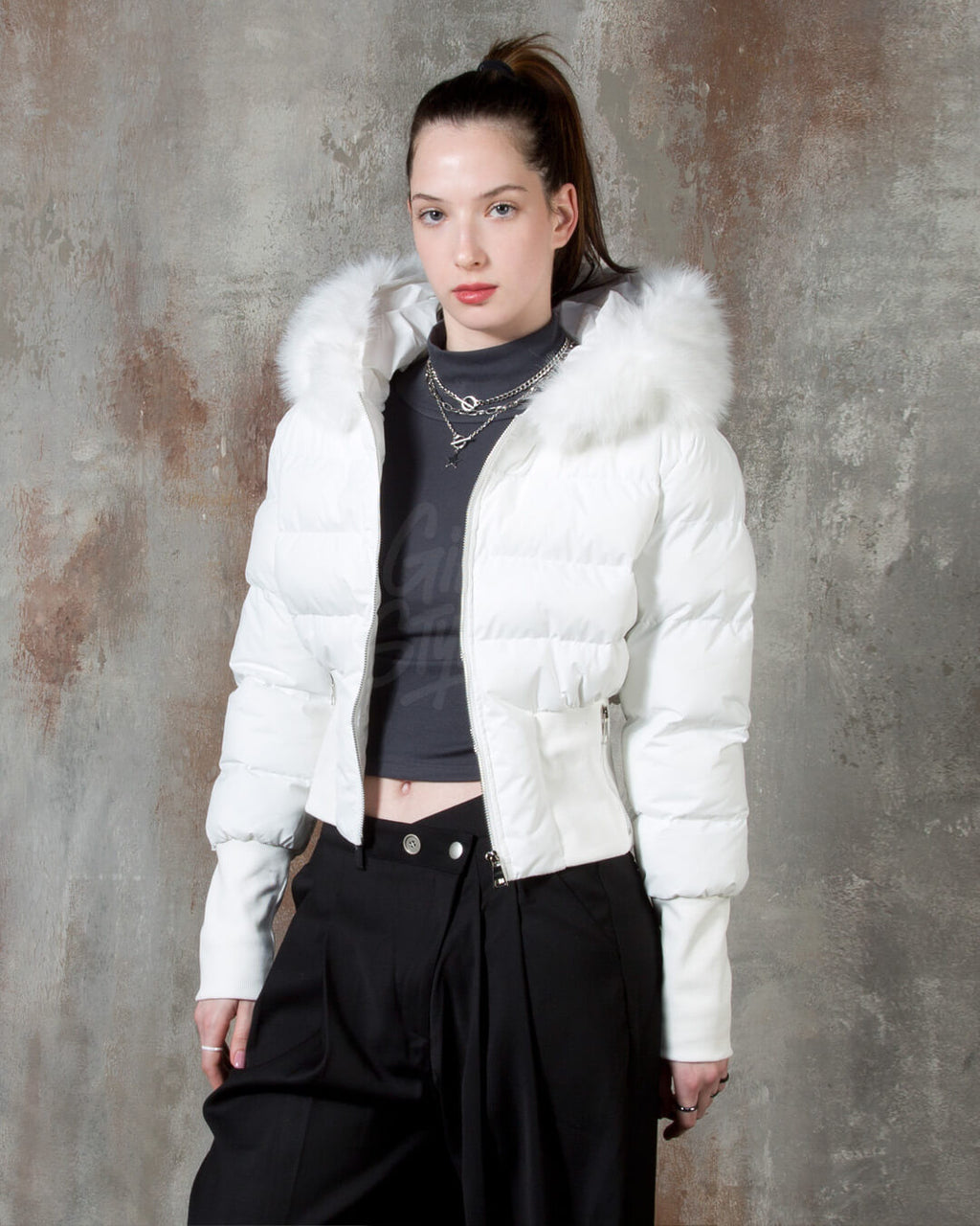 Raccoon Fur Hood Volume Crop Padded Jacket