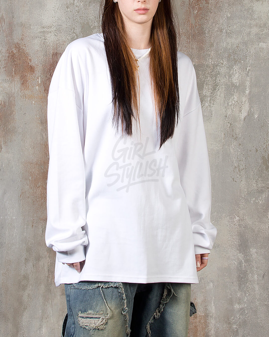 Oversized Cotton Plain Long-Sleeve T-shirt