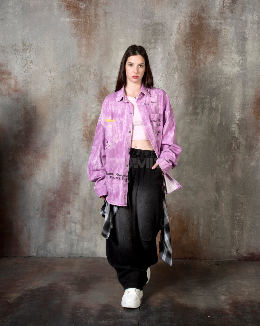 Vintage Washed Graffiti Print Oversized Cotton Shirt