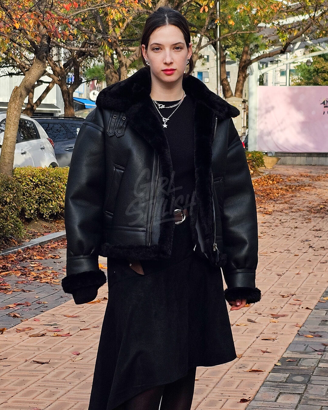 Black Oversized Shearling Leather Jacket