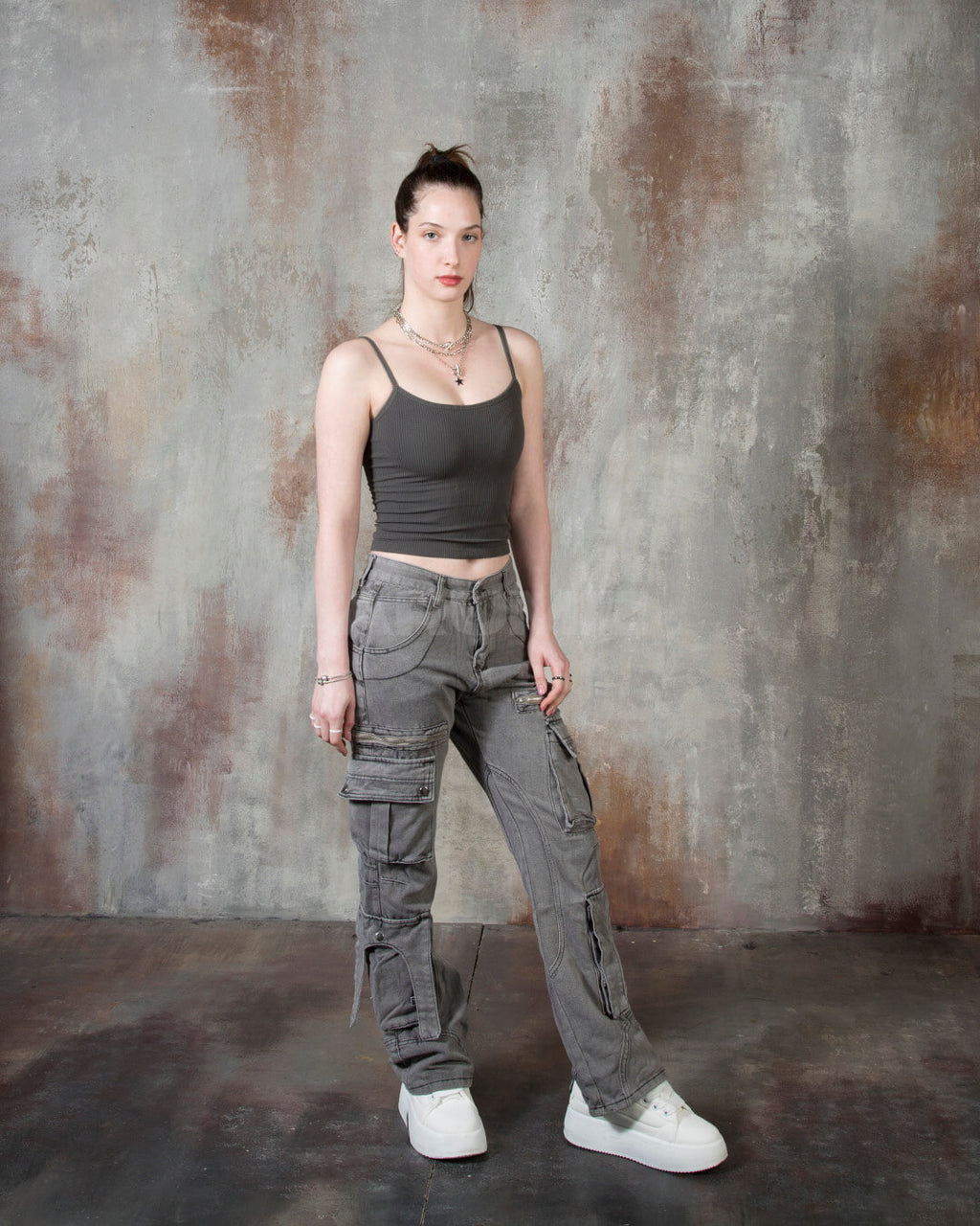 Vintage Washed Zipper Cargo Bootcut Pants