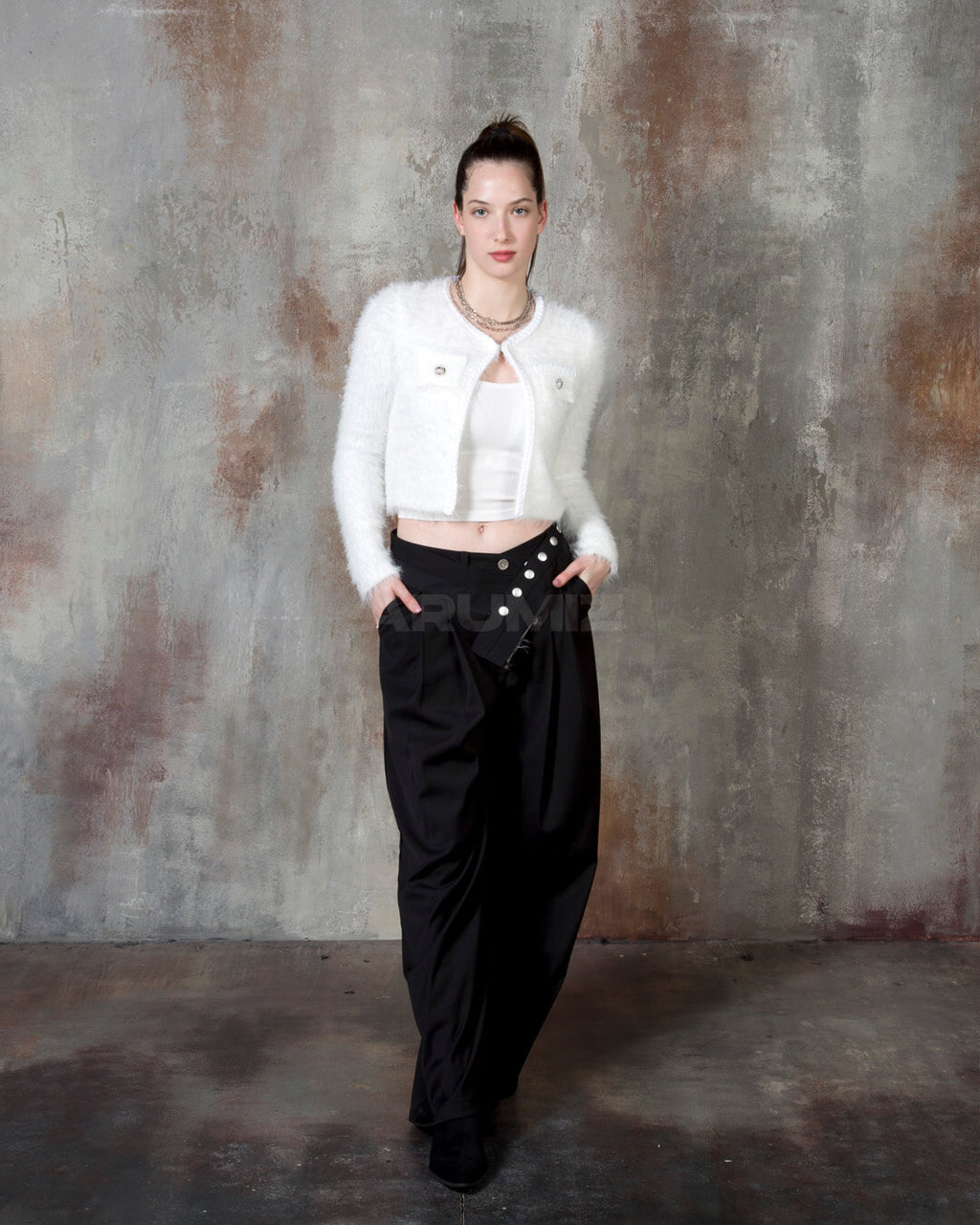 Stud Button Belt Pintuck Wide-Leg Slacks Pants