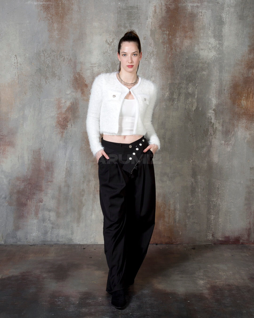 Stud Button Belt Pintuck Wide-Leg Slacks Pants