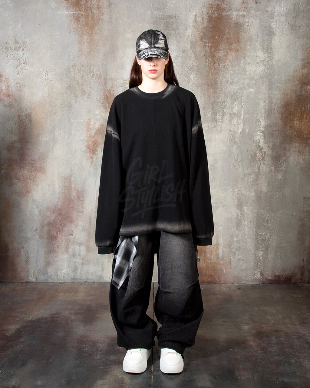 Gradient Line Waffle Black Long Sleeve T-shirt