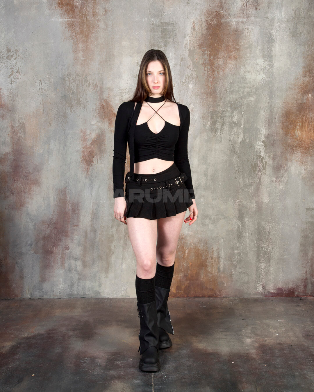 Double Belt Pleated Mini Skirt