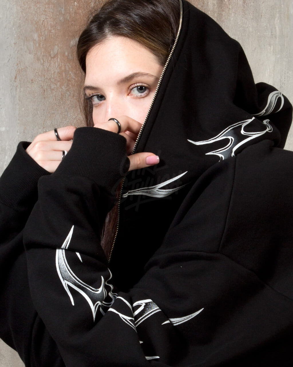 Tribal Print Oversized Black Zip-up Hoodie