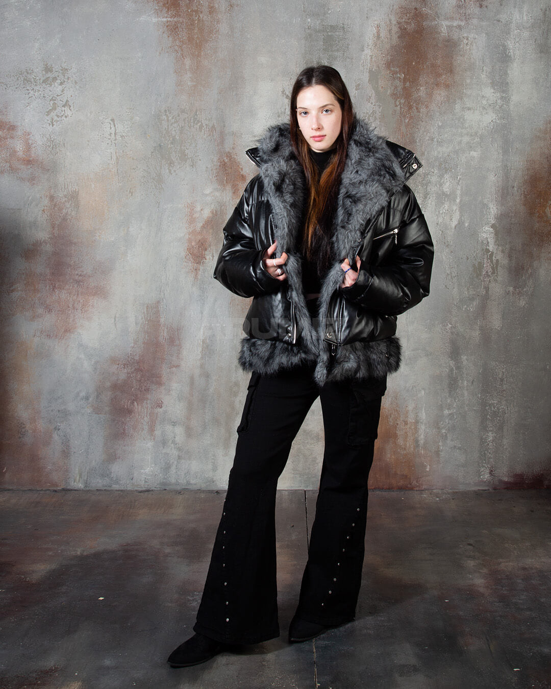 Fur-Trim Glossy Oversized Black Leather Puffer Jacket