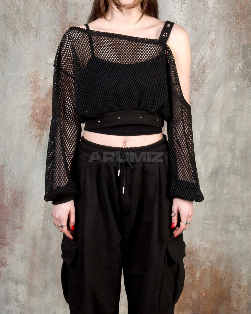 Eyelet Strap Mesh Sheer Off-Shoulder Cropped Top