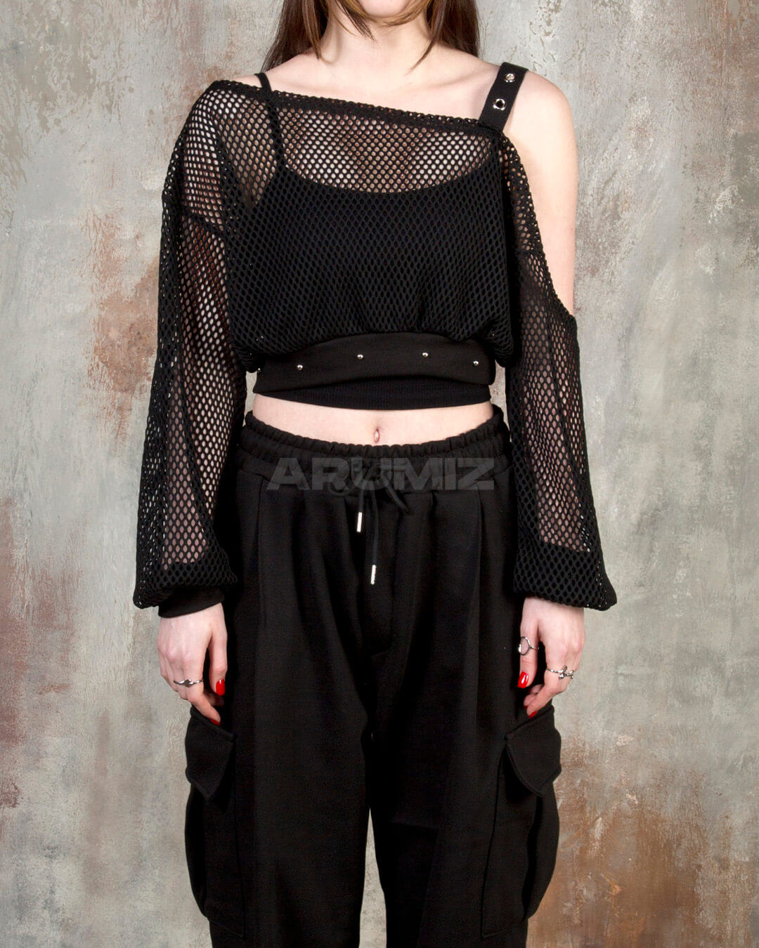 Eyelet Strap Mesh Sheer Off-Shoulder Cropped Top