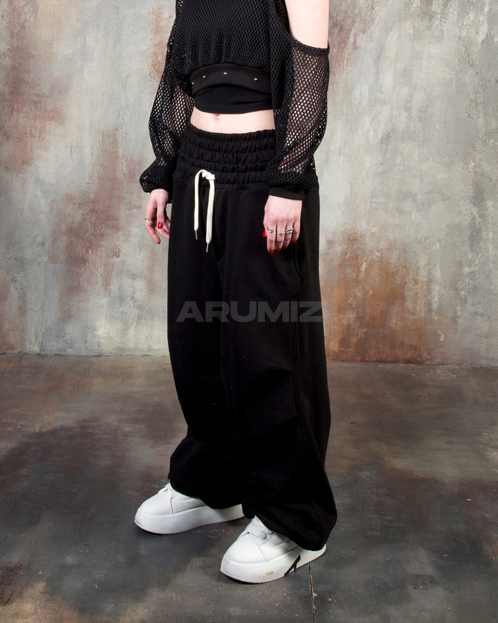 Contrast Drawstring Layered Sagging Wide-Leg Cotton Pants