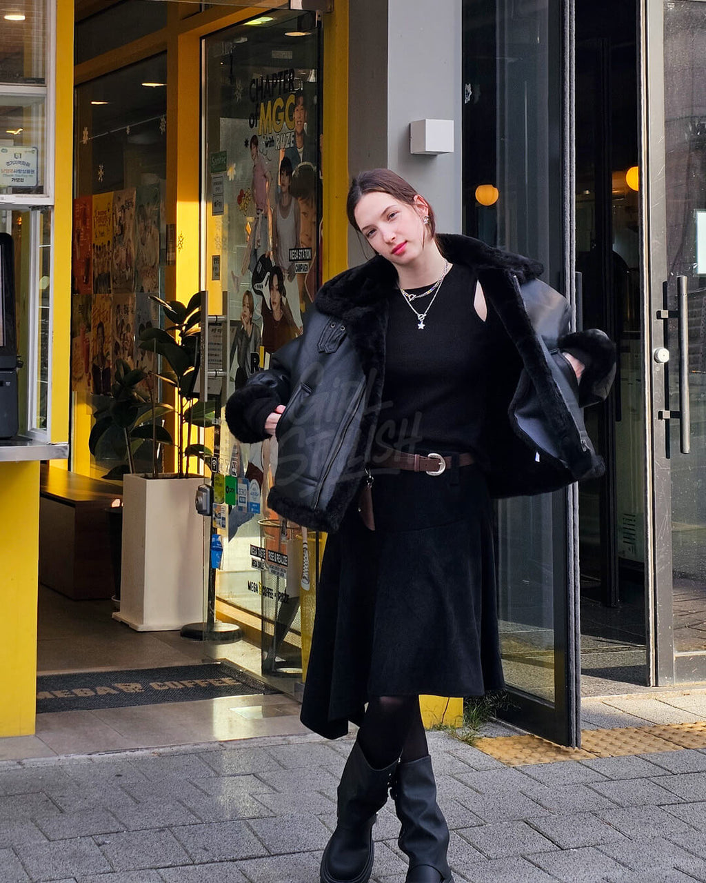 Black Oversized Shearling Leather Jacket