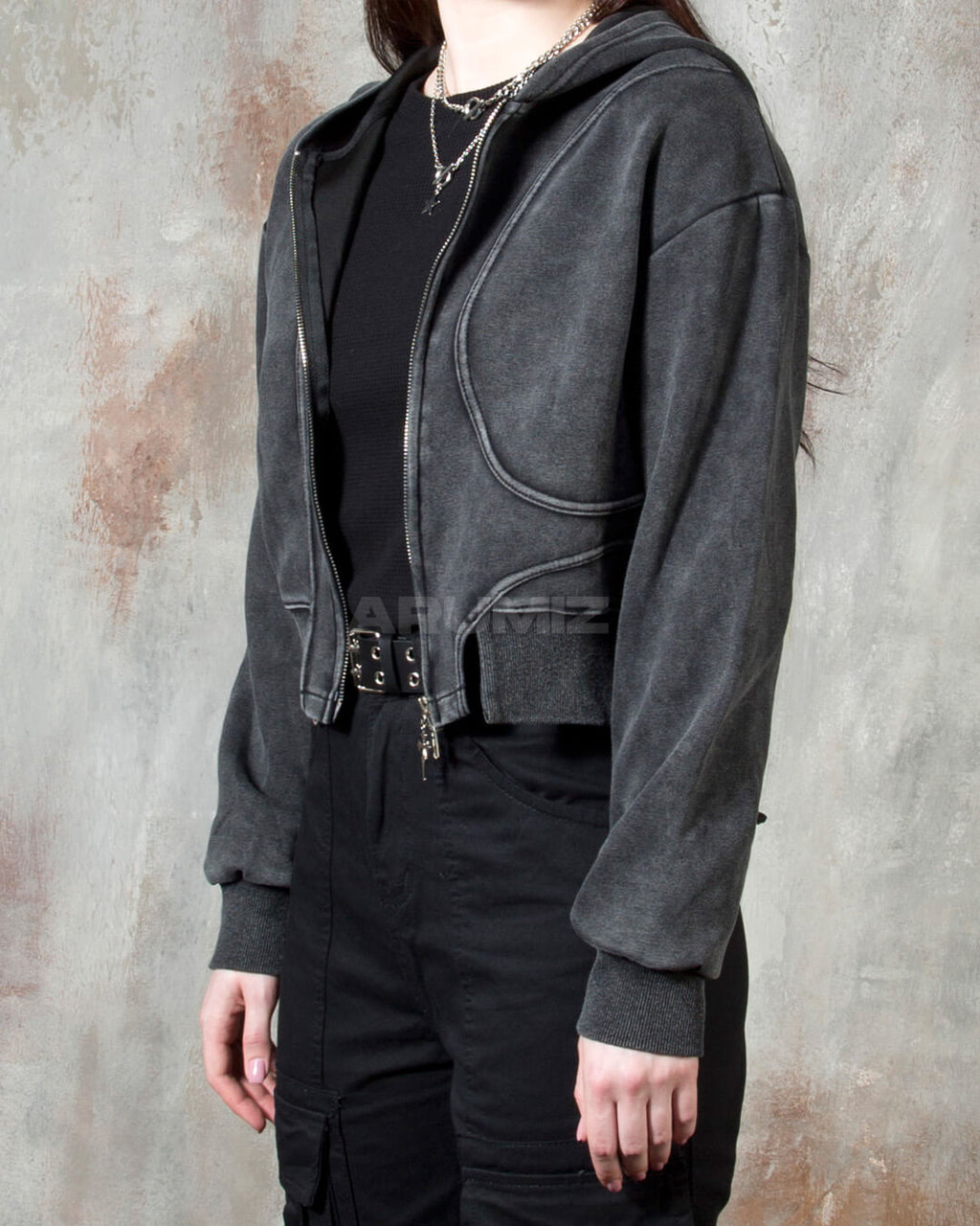 Vintage Washed Asymmetric Panel Crop Zip-Up Hoodie